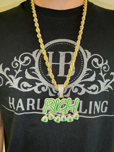 Pre-owned Silver Real 925  Gold Plated Glows In Dark Rich Money Bag $ Pendant Necklace Cz