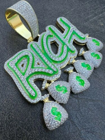 Pre-owned Silver Real 925  Gold Plated Glows In Dark Rich Money Bag $ Pendant Necklace Cz