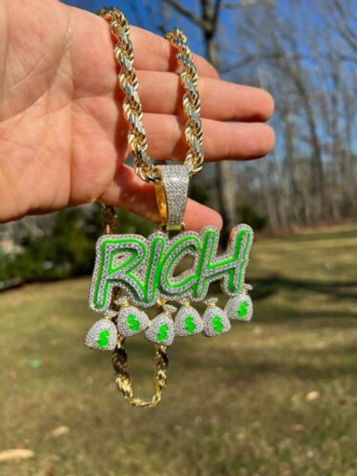Pre-owned Silver Real 925  Gold Plated Glows In Dark Rich Money Bag $ Pendant Necklace Cz