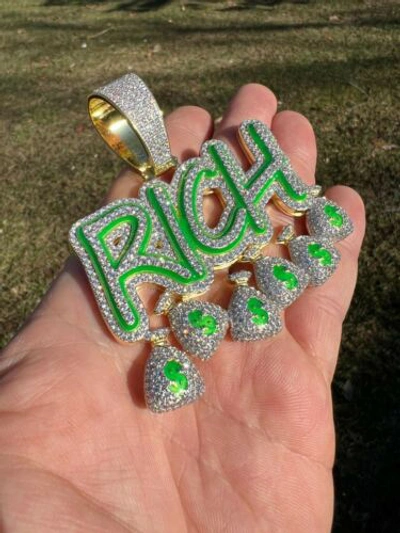 Pre-owned Silver Real 925  Gold Plated Glows In Dark Rich Money Bag $ Pendant Necklace Cz