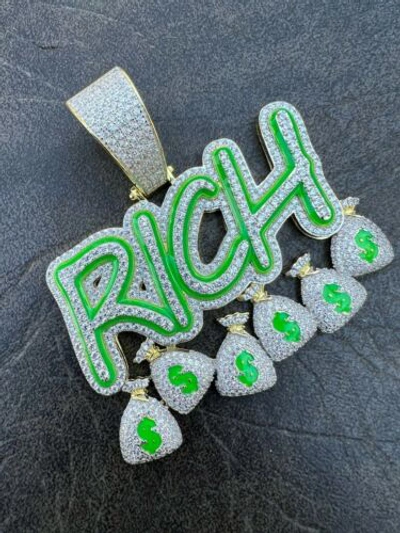 Pre-owned Silver Real 925  Gold Plated Glows In Dark Rich Money Bag $ Pendant Necklace Cz