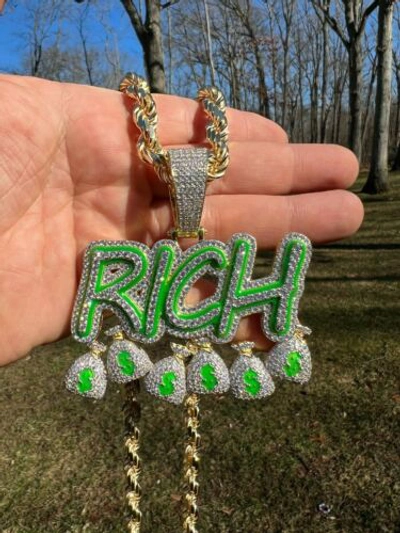 Pre-owned Silver Real 925  Gold Plated Glows In Dark Rich Money Bag $ Pendant Necklace Cz
