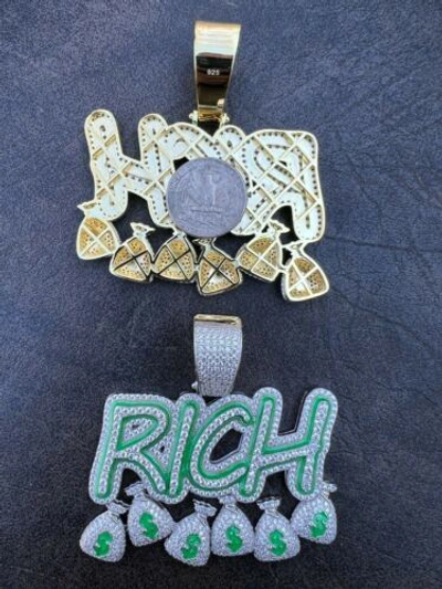 Pre-owned Silver Real 925  Gold Plated Glows In Dark Rich Money Bag $ Pendant Necklace Cz