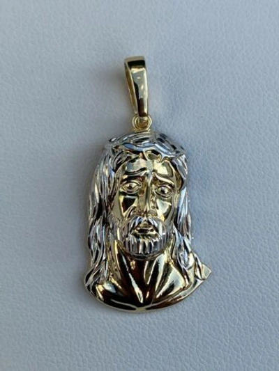 Pre-owned Harlembling Real Solid 14k Yellow Gold Diamond Cut Jesus Face Piece Pendant 1.25x1” Necklace
