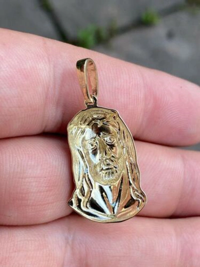 Pre-owned Harlembling Real Solid 14k Yellow Gold Diamond Cut Jesus Face Piece Pendant 1.25x1” Necklace