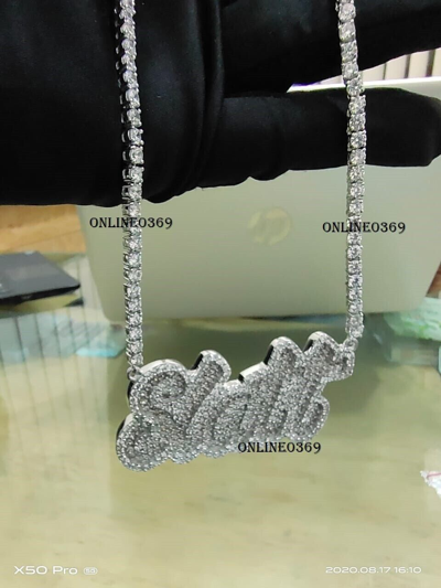 Pre-owned Online0369 Men's Round Moissanite Slatt Name Layered Pendant 4 Mm 20" Moissanite Necklace In White