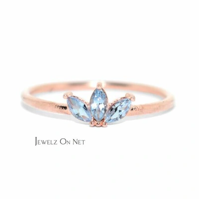 Pre-owned J.o.n 14k Gold 0.25 Ct. Genuine Three Marquise Aquamarine Gemstone Ring Fine Jewelry