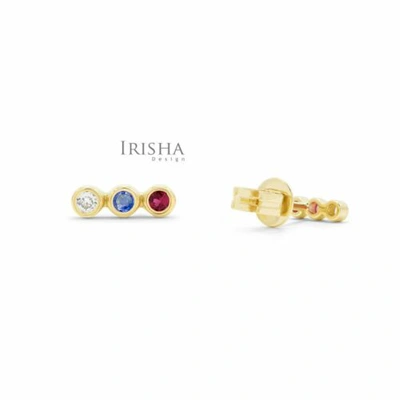 Pre-owned Irisha Designs Genuine Vs Clarity Diamond Ruby Blue Sapphire Three Stone Studs 14k Solid Gold In F-g