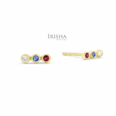 Pre-owned Irisha Designs Genuine Vs Clarity Diamond Ruby Blue Sapphire Three Stone Studs 14k Solid Gold In F-g