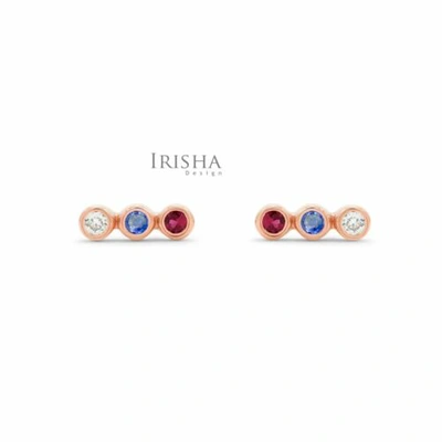 Pre-owned Irisha Designs Genuine Vs Clarity Diamond Ruby Blue Sapphire Three Stone Studs 14k Solid Gold In F-g
