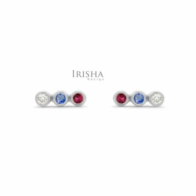 Pre-owned Irisha Designs Genuine Vs Clarity Diamond Ruby Blue Sapphire Three Stone Studs 14k Solid Gold In F-g