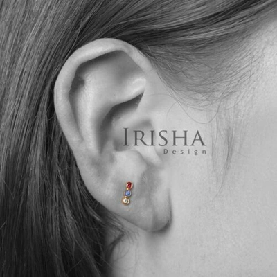 Pre-owned Irisha Designs Genuine Vs Clarity Diamond Ruby Blue Sapphire Three Stone Studs 14k Solid Gold In F-g