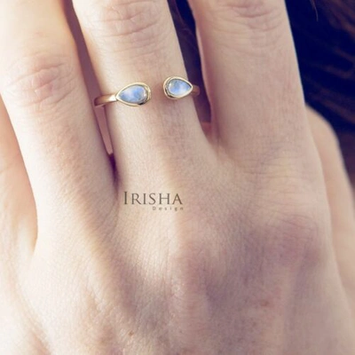 Pre-owned Irisha Designs Genuine Pear Shape Rainbow Moonstone Open Cuff Ring 14k Gold Fine Jewelry In Blue