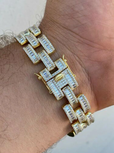 Pre-owned Harlembling 14mm Gold Plated Solid 925 Silver Mens Custom Iced Presidential Link Bracelet Cz