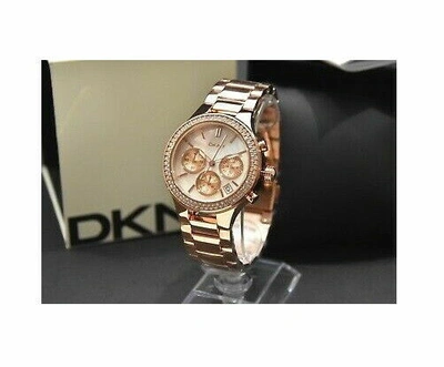 Pre-owned Dkny Ny8080 Women Chrono Round Watch Rose Gold Steel Bracelet Mop Dial Crystals