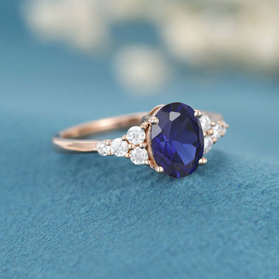 Pre-owned Loved Once 3ct Oval Cut Blue Sapphire Solitaire Engagement Bridal Ring 14k Rose Gold Finish In Simulated Blue