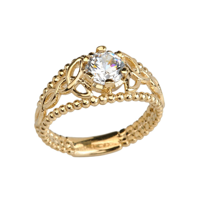 Pre-owned Claddafgh Gold Gold Genuine White Topaz Beaded Celtic Trinity Knot Engagement/promise Ring In Yellow Gold