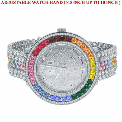 Pre-owned Ice House Mens Custom Watch Rainbow Multi Tone Real Diamond Dial 18k White Gold Finish Xxl