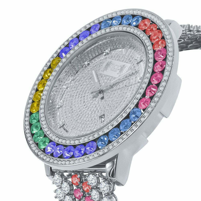 Pre-owned Ice House Mens Custom Watch Rainbow Multi Tone Real Diamond Dial 18k White Gold Finish Xxl