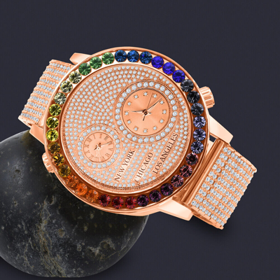 Pre-owned Ice House Rose Gold Finish Rainbow Multi Tone Chronograph Real Diamond Dial Men's Xl Watch