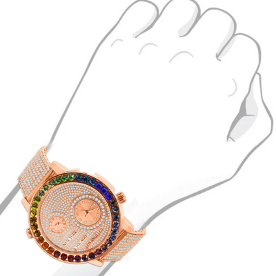 Pre-owned Ice House Rose Gold Finish Rainbow Multi Tone Chronograph Real Diamond Dial Men's Xl Watch