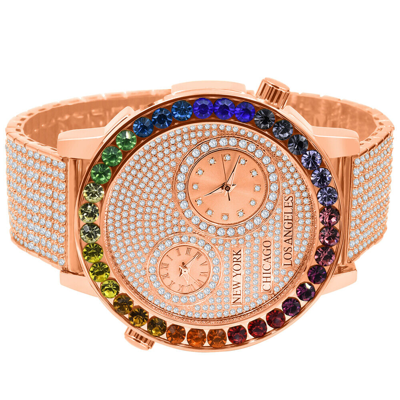 Pre-owned Ice House Rose Gold Finish Rainbow Multi Tone Chronograph Real Diamond Dial Men's Xl Watch
