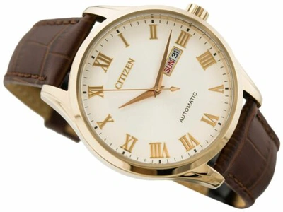 Pre-owned Citizen Nh8363-14a Japan Automatic Gold-tone Men's Wristwatch Brown Leather Us4