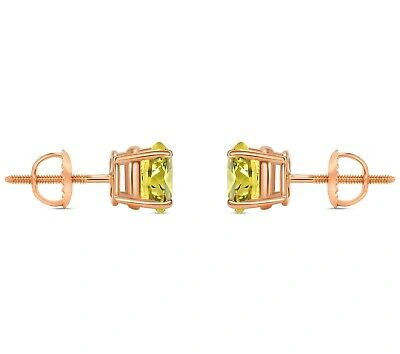 Pre-owned Shine Brite With A Diamond 2 Ct Round Cut Canary Earrings Studs Solid Real 14k Rose Gold Screw Back Basket In Pink