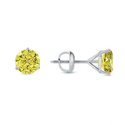 Pre-owned Shine Brite With A Diamond 3.50 Ct Round Cut Canary Earrings Studs Solid 14k White Gold Screw Back Martini