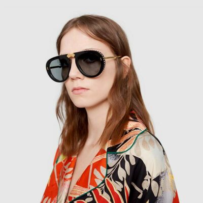 Pre-owned Gucci Gg0307s Black Aviator Foldable Sunglasses Women Men  Crystals Pilot In Gray | ModeSens