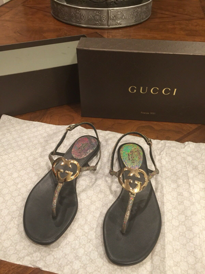 Pre-owned Gucci Authentic  Metallic Leather Gg Interlocking Heart Thong Sandal Bnib Sz 36 In Gray