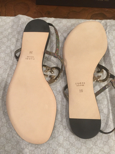 Pre-owned Gucci Authentic  Metallic Leather Gg Interlocking Heart Thong Sandal Bnib Sz 36 In Gray