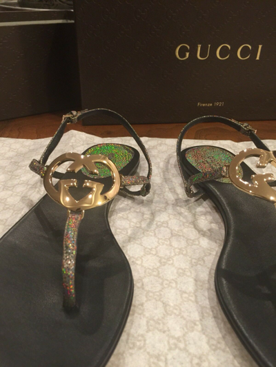 Pre-owned Gucci Authentic  Metallic Leather Gg Interlocking Heart Thong Sandal Bnib Sz 36 In Gray