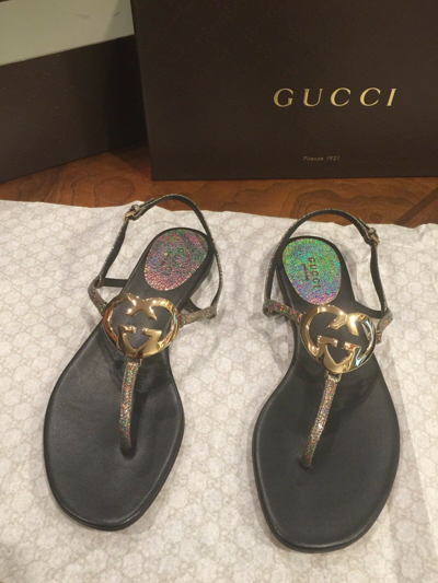Pre-owned Gucci Authentic  Metallic Leather Gg Interlocking Heart Thong Sandal Bnib Sz 36 In Gray