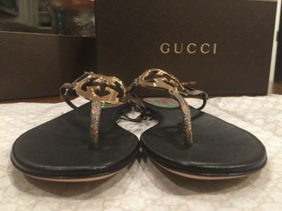 Pre-owned Gucci Authentic  Metallic Leather Gg Interlocking Heart Thong Sandal Bnib Sz 36 In Gray