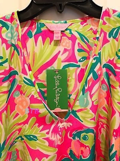 Pre-owned Lilly Pulitzer Atlin Silk Caftantiki Pink Bird Of Paradise Xxs-xs In Tiki Pink