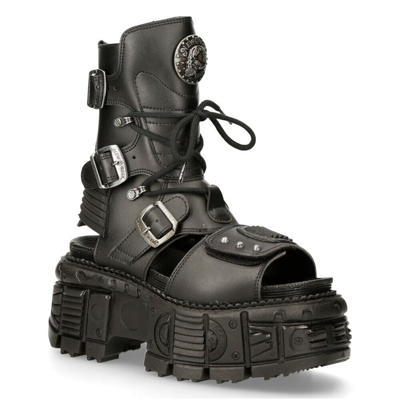 ROCK Pre-owned Boots Bios107-v1 Black Vegan Leather Unisex Platform Sandal Biker Goth