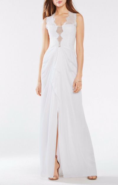 Pre-owned Bcbgmaxazria Bcbg Maxazria Brandy Sleeveless Lace-bodice Gown Iqi60i94/l317a Size 2 In White