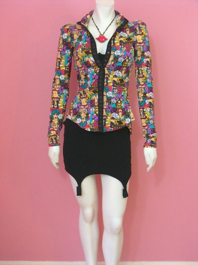 Pre-owned Betsey Johnson Cartoon Peplum Jacket Top Wink Marilyn Face Art Drawings P S M L In Pink Purple Blue White Green Yellow