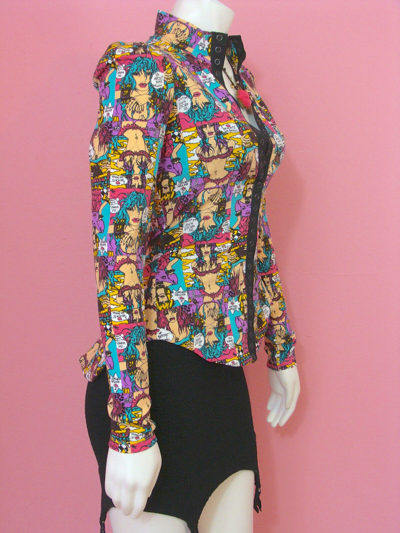 Pre-owned Betsey Johnson Cartoon Peplum Jacket Top Wink Marilyn Face Art Drawings P S M L In Pink Purple Blue White Green Yellow