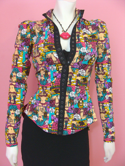 Pre-owned Betsey Johnson Cartoon Peplum Jacket Top Wink Marilyn Face Art Drawings P S M L In Pink Purple Blue White Green Yellow