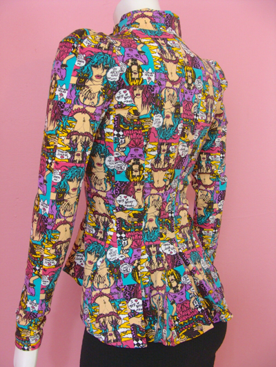 Pre-owned Betsey Johnson Cartoon Peplum Jacket Top Wink Marilyn Face Art Drawings P S M L In Pink Purple Blue White Green Yellow