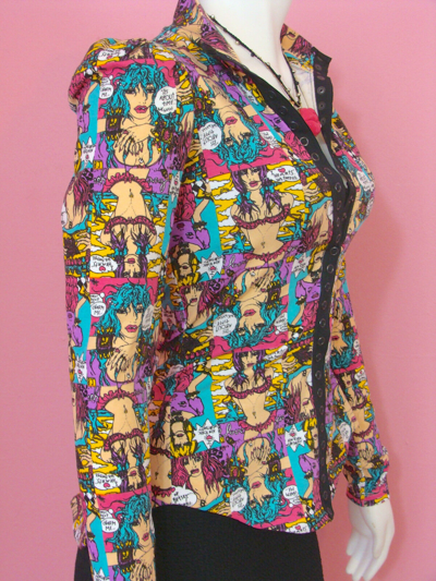 Pre-owned Betsey Johnson Cartoon Peplum Jacket Top Wink Marilyn Face Art Drawings P S M L In Pink Purple Blue White Green Yellow