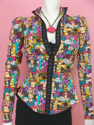 Pre-owned Betsey Johnson Cartoon Peplum Jacket Top Wink Marilyn Face Art Drawings P S M L In Pink Purple Blue White Green Yellow