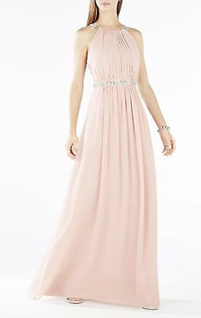 Pre-owned Bcbgmaxazria Celestine Beaded Halter Gown Iqi68f77/l394a Size 12 In Shadow Blush