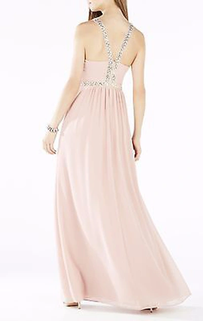 Pre-owned Bcbgmaxazria Celestine Beaded Halter Gown Iqi68f77/l394a Size 12 In Shadow Blush
