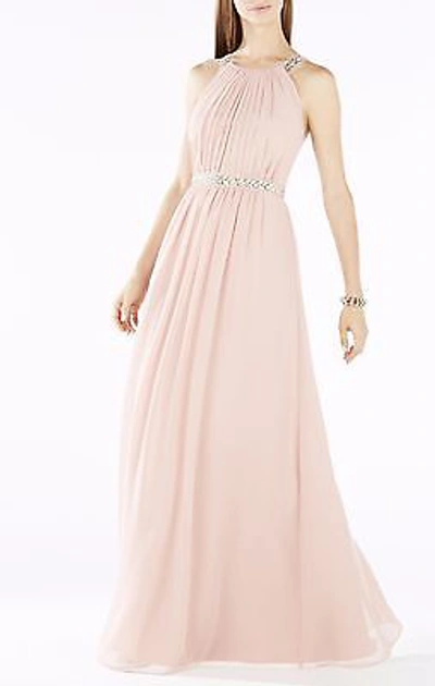Pre-owned Bcbgmaxazria Celestine Beaded Halter Gown Iqi68f77/l394a Size 12 In Shadow Blush