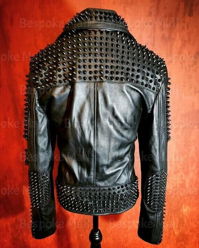 Pre-owned Handmade Men's Black Studded Zippered Brando Genuine Cowhide Leather Jacket Coat-978