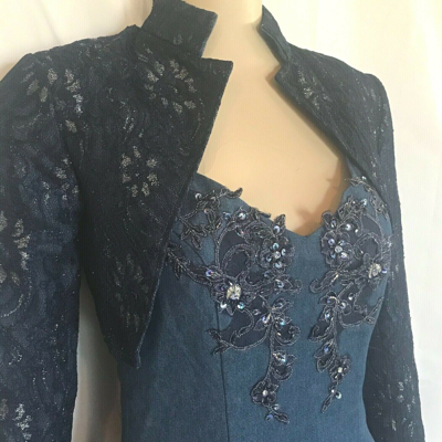 Pre-owned Western Bead Applique Denim Sundress And Bolero Lace Jacket, Size 4,6,8,10,14,18 In Blue