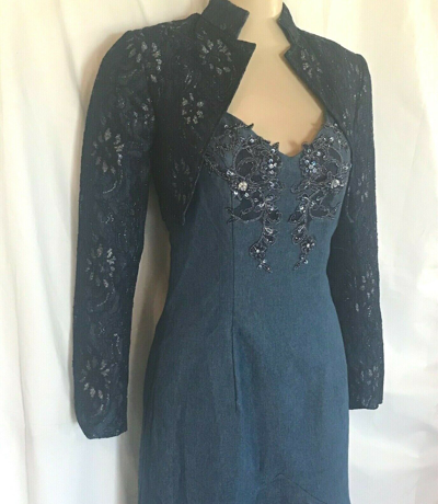 Pre-owned Western Bead Applique Denim Sundress And Bolero Lace Jacket, Size 4,6,8,10,14,18 In Blue